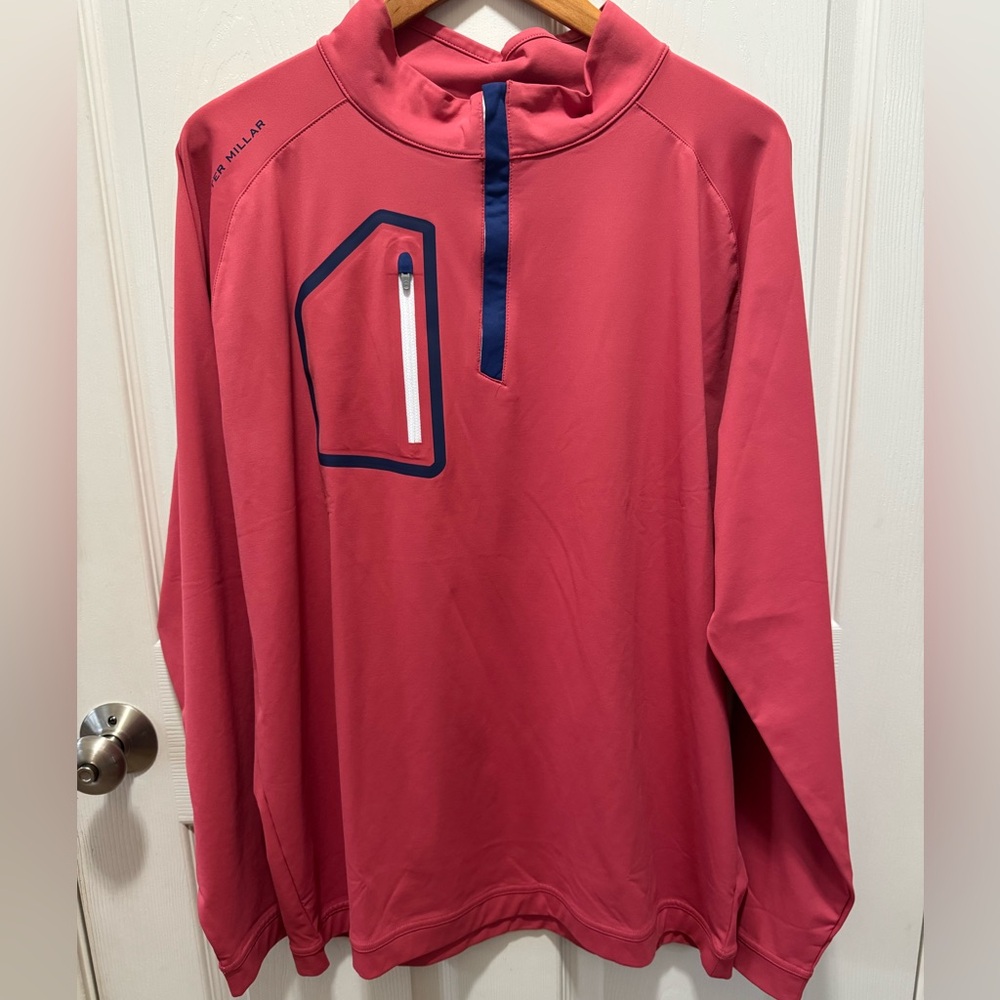 Peter Millar Coral and Navy Performance Pullover